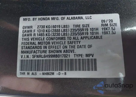 2021 Honda Odyssey Elite from USA, damaged, VIN 5FNRL6H99MB017021